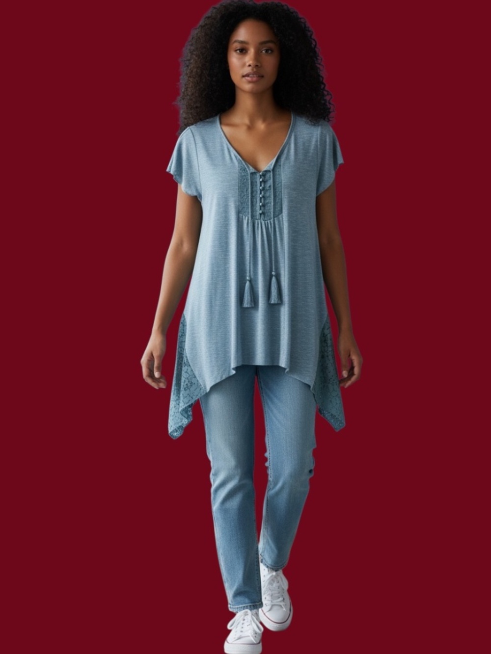 Heather Blue Henley Top, Size Medium